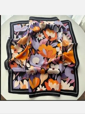 Floral Silk Scarf in Black, Orange & Lavender